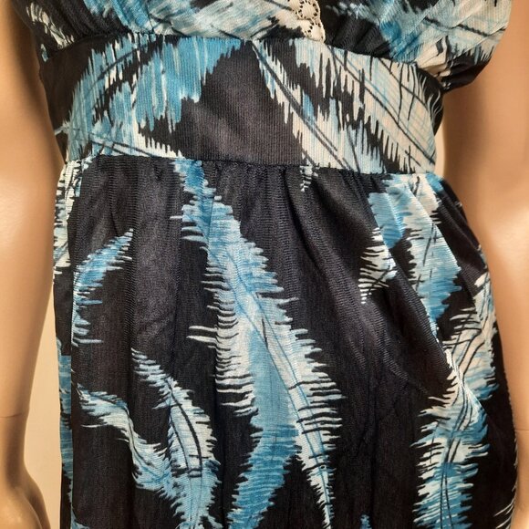 Vintage 70s Nylon Maxi Peignoir Set Sz S Nightgown Wrap Robe Blue Feather Print - Picture 3 of 10